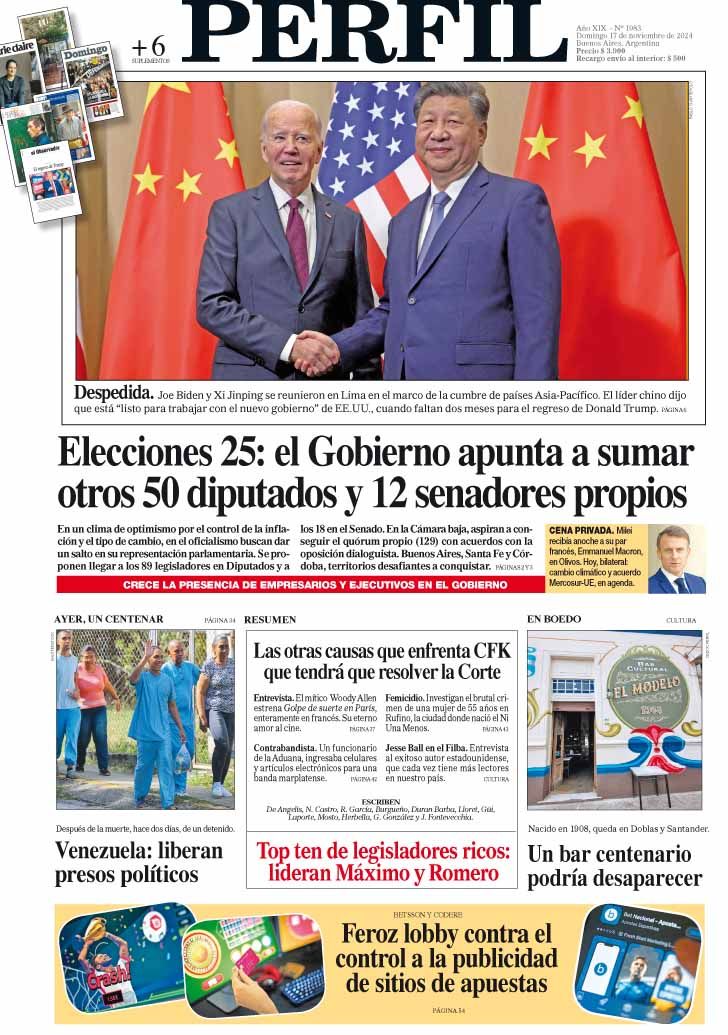 La tapa del Diario PERFIL del domingo 17 de noviembre de 2024