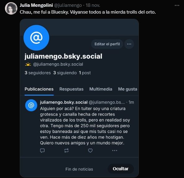 Julia Mengolini abandonó X para irse a Bluesky