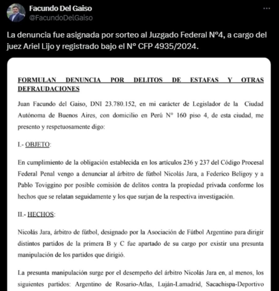 Tuit de Del gaiso por la denuncia contra la AFA 20241120