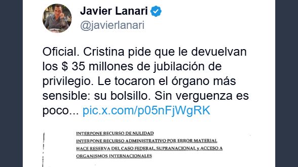 El posteo de Lanari en redes, dando cuenta de la apelación de Cristina Kirchner ante la Ansés.