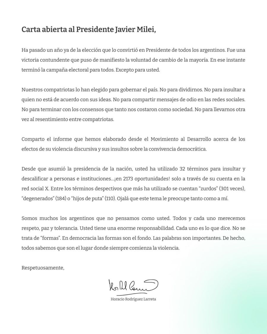 Carta de Rodríguez Larreta a Javier Milei