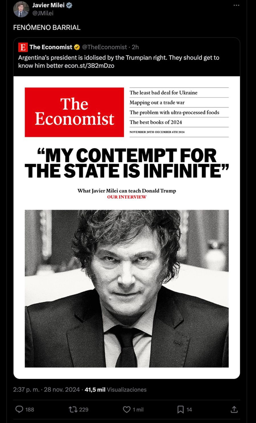 Javier Milei en la portada de The Economist