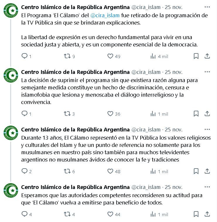 Tuit del CIRA denunciando censura en la TV Pública