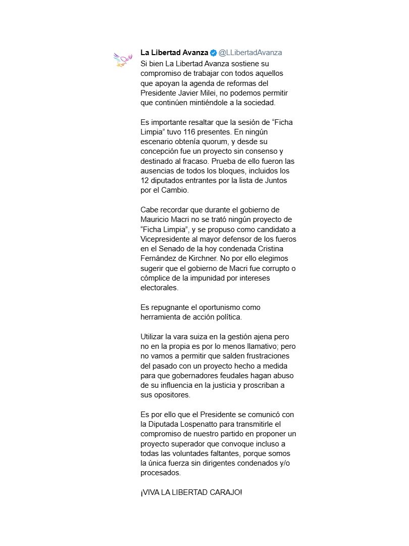 La nota del LLA, contestando con dureza el comunicado del PRO. 