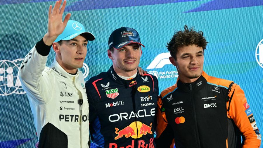 Russell, Verstappen y Norris posan para la foto en Qatar, una 