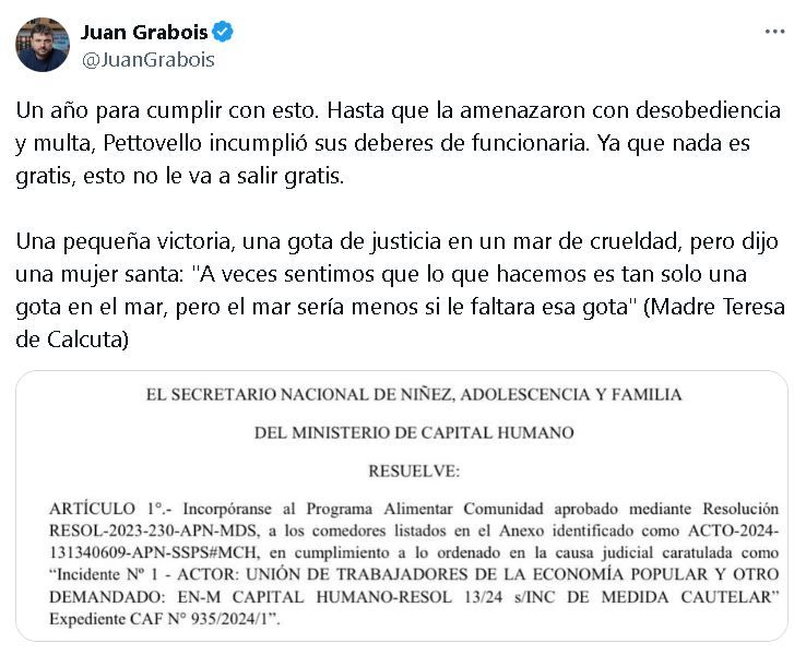 Tuit Grabois sobre los 66 comedores reincorporados al Porgrama Alimentar Comunidad