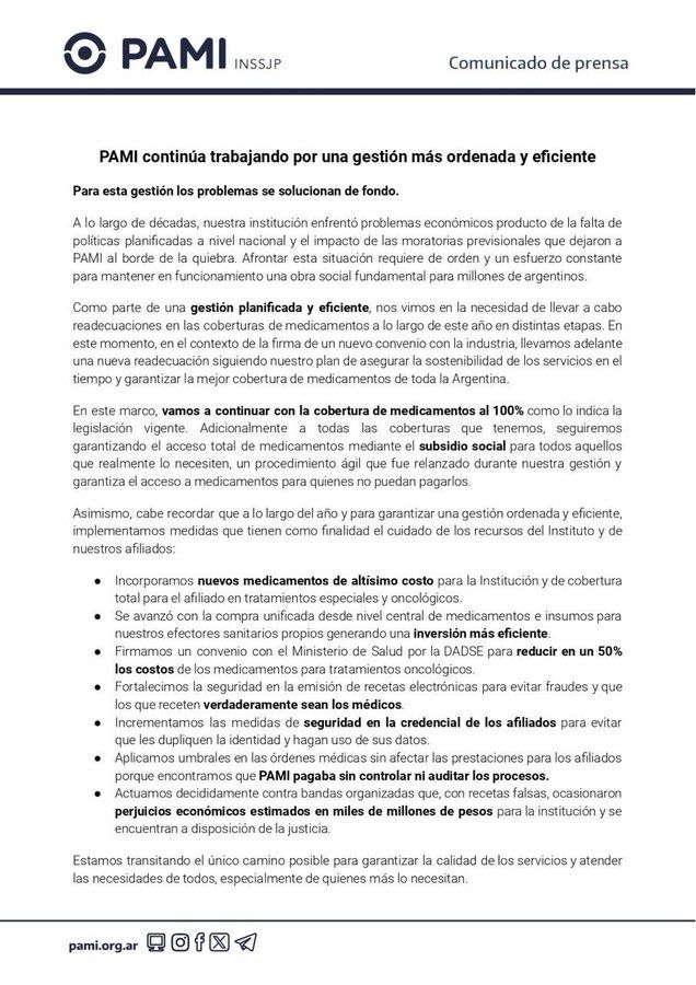 Comunicado del PAMI sobre la reestructuración de los medicamentos