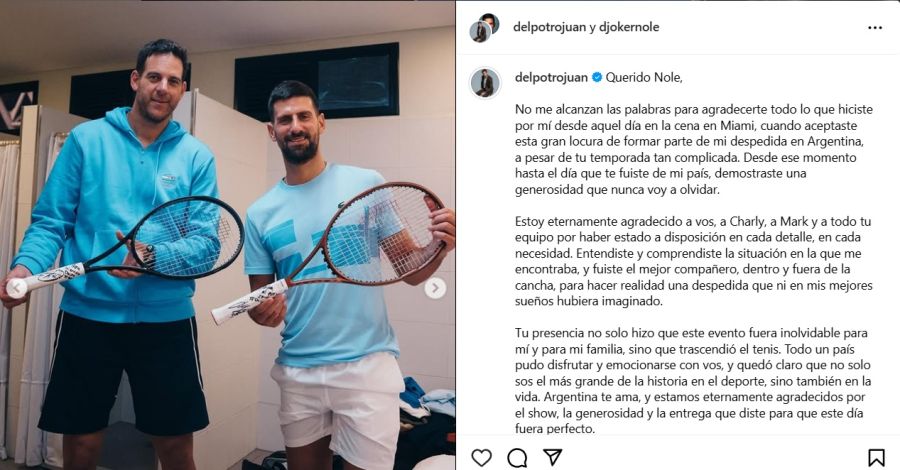 Posteo de Del Potro para Djokovic