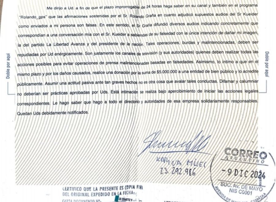 Karina Milei carta documento