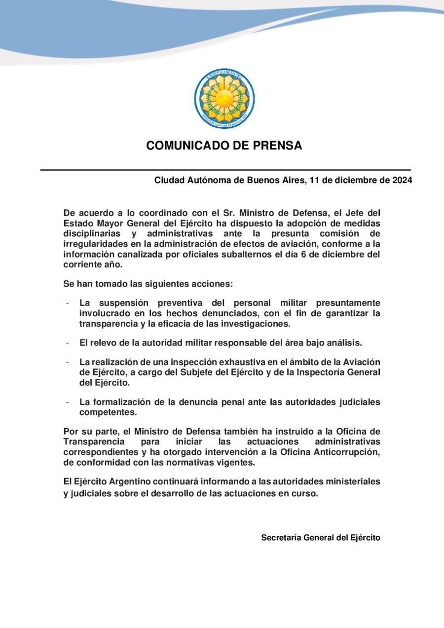 Comunicado del Ejército Argentino