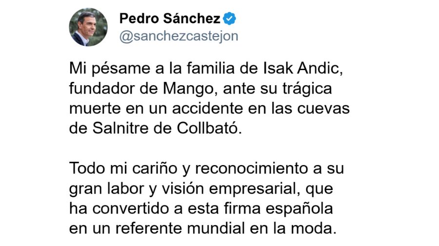 20241312 El tuit de Pedro Sánchez por la muerte de Isak Andic