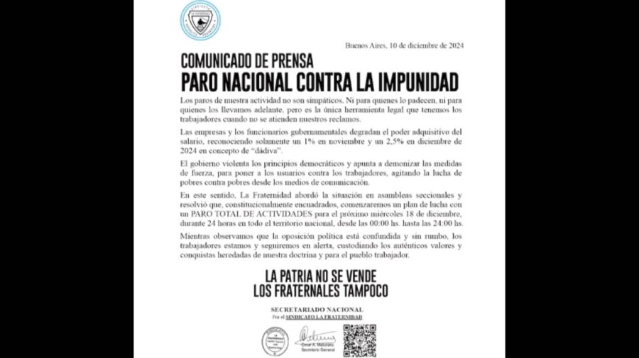 Comunicado La Fraternidad paro