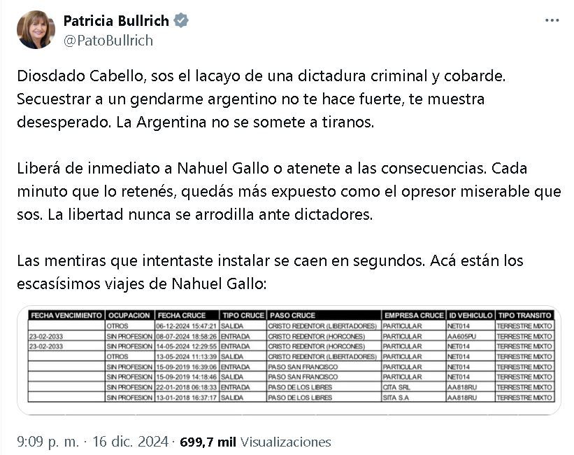 Tuit de Patricia Bullrich contra Diosdado Cabello