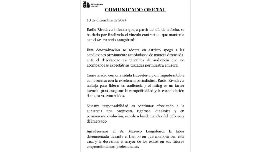 Comunicado de Radio Rivadavia por la desvinculación de Marcelo Longobardi