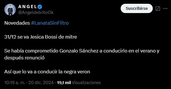 Ángel de Brito reveló quién reemplazará a Jésica Bossi en la conducción de Lanata Sin Filtro