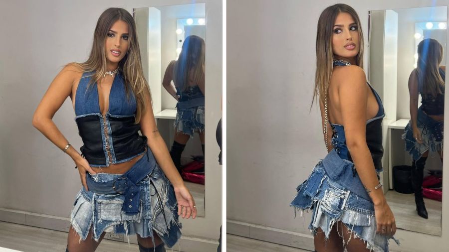 El look full denim de Julieta Poggio