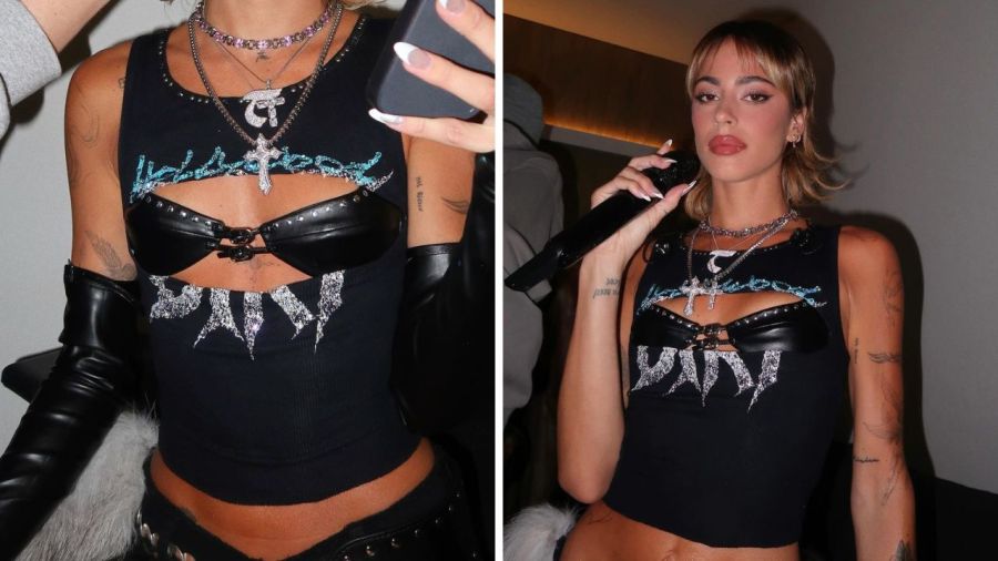 Escote horizontal, cadenas plateadas y mangas engomadas, el look de Tini más rockstar para las fiestas