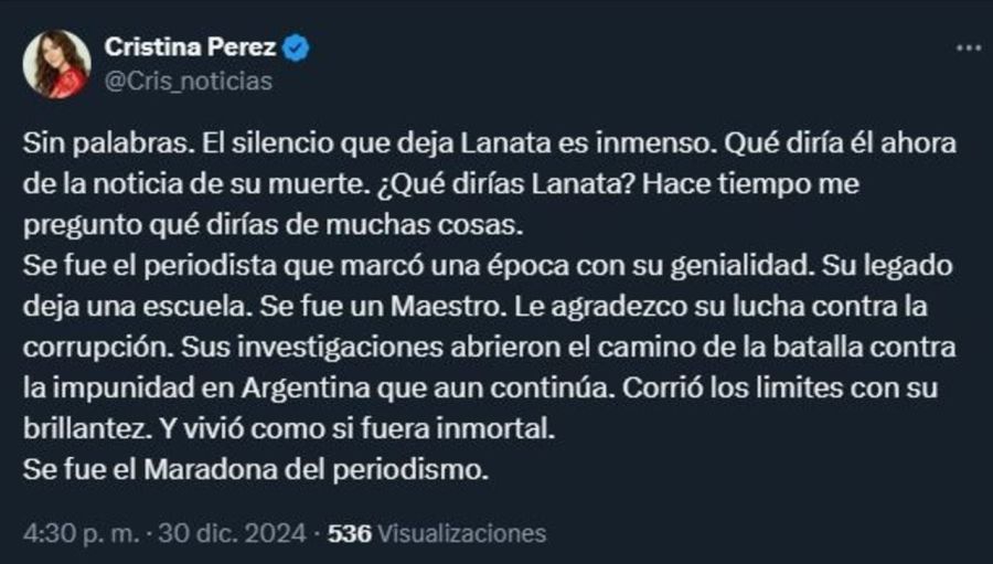 Mensaje de Cristina Perez por la muerte de Jorge Lanata