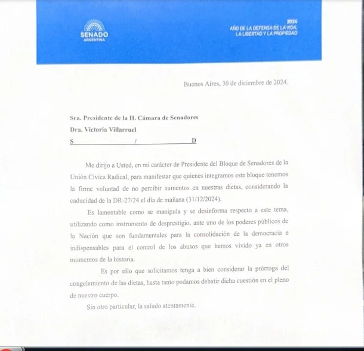 Carta de Senadores radicales a Victoria Villarruel solicitando congelamiento de dietas