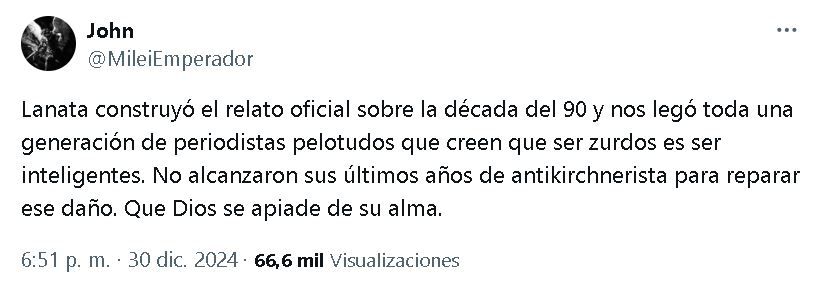 Tuit @MileiEmperador sobre la muerte de Jorge Lanata