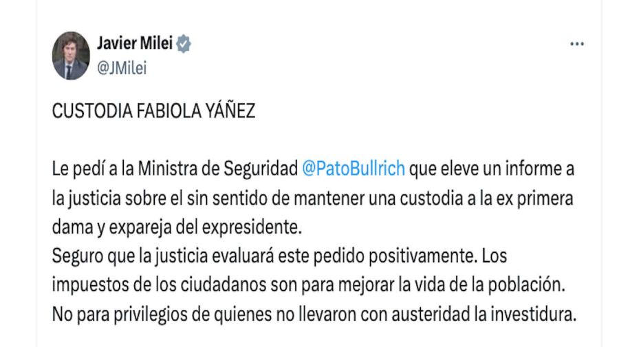 Javier Milei Patricia Bullrich Tweet 20250102