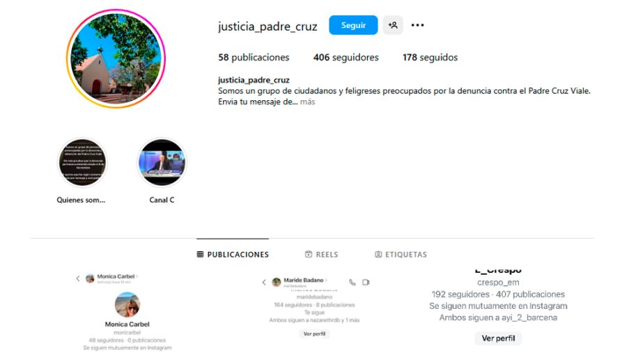 Instagram que defiende al Padre Cruz Viola