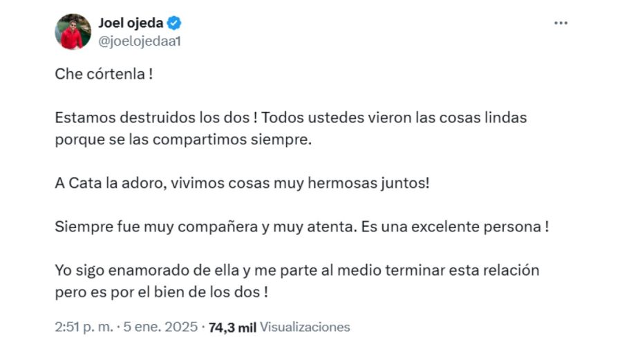 El descargo de Joel Ojeda tras su separación de Catalina Gorostidi