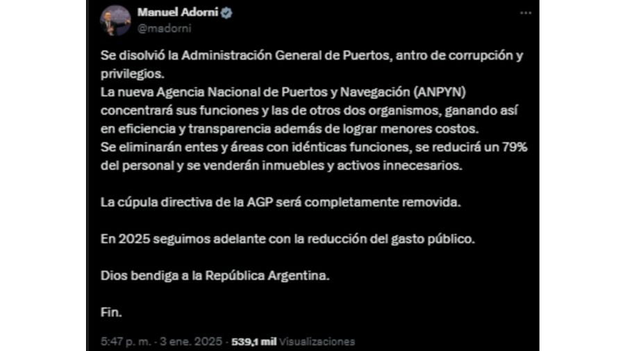 El Gobierno disolvió la Administración General de Puertos 20250106