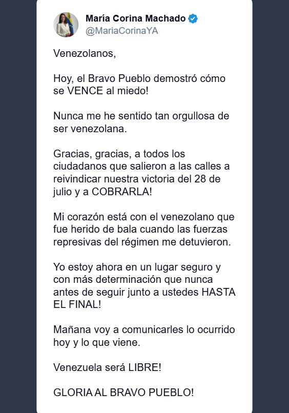 El curioso 'posteo' nocturno en la cuenta de María Corina Machado solo agregó suspenso.