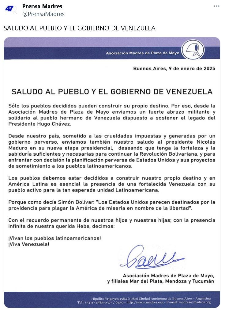 Tuit Madres de Plaza de Mayo en apoyo a Nicolás Maduro