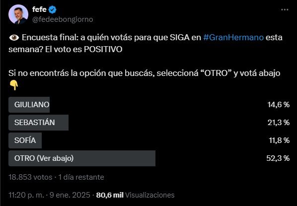 Las encuestas de Fefe Bongiorno sobre el próximo eliminado de Gran Hermano para este domingo 12 de enero 1