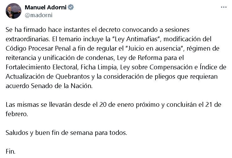 Tuit de Manuel Adorni decreto convocando a sesiones extraordinarias en el Congreso