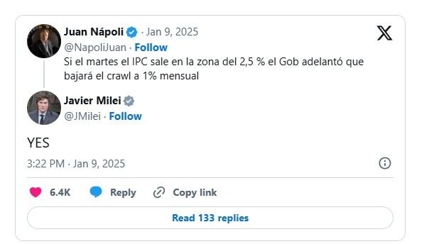 TWEET de Juan Napoli sobre el crawling peg.