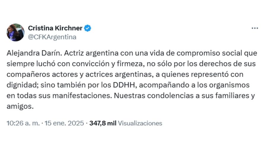 El mensaje de Cristina Kirchner por la muerte de Alejandra Darin