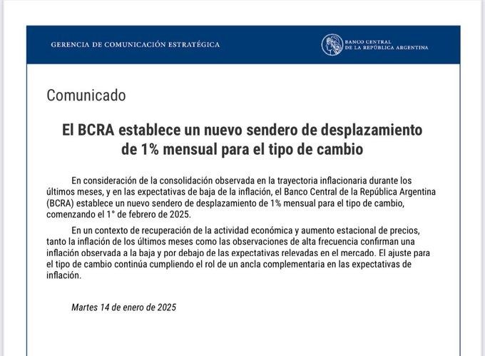 BCRA baja del crawling peg al 1 %