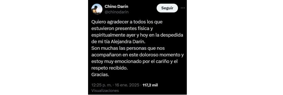 El Chino Darín tras el fallecimiento de su tía Alejandra