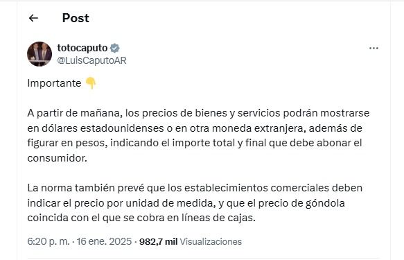 Tweet luis caputo precios en pesos y en dólares.