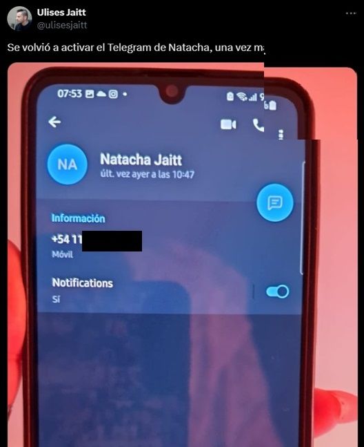 Ulises Jaitt mostró la reactivación en el celular de Natacha Jaitt