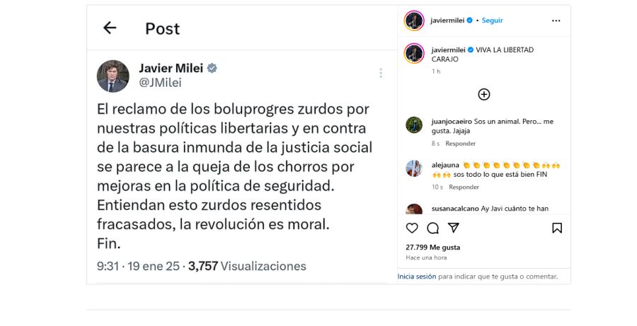 Boluprogres, zurdos, basura inmunda, chorros, reentidos y fracasados: Milei en lo suyo, insultando desde EE.UU.