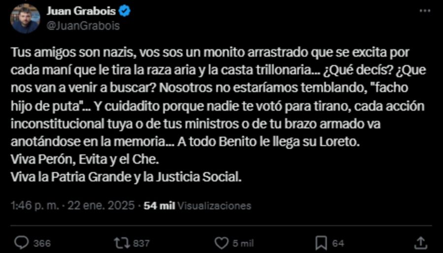 La respuesta de Grabois a Milei por su defensa a Elon Musk 20250122