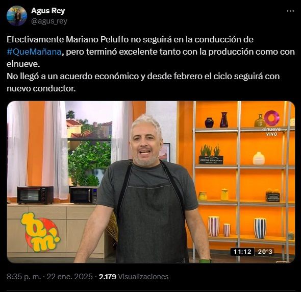 Agustín Rey informó que Mariano Peluffo no seguirá en Qué mañana! en El Nueve