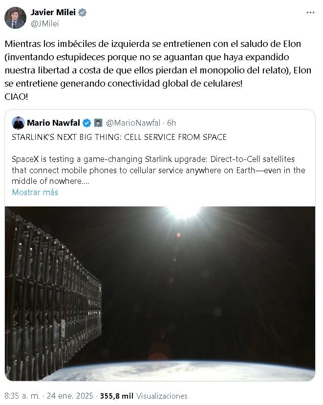 Tuit Milei en defensa de Elon Musk 20250124