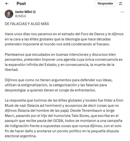 Posteo reivindicación discurso Davos Milei parte 1