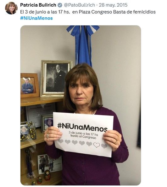 Posteo de Patricia Bullrich en Twitter en 2015 apoyando la movilización por NiUnaMenos.