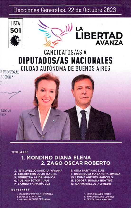 Boleta LLA Diana Mondino y Oszar Zago