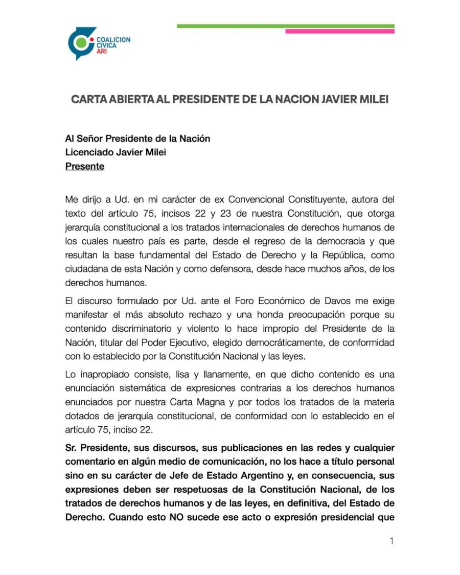 Carta de Elisa Carrió a Javier Milei por su discurso en Davos