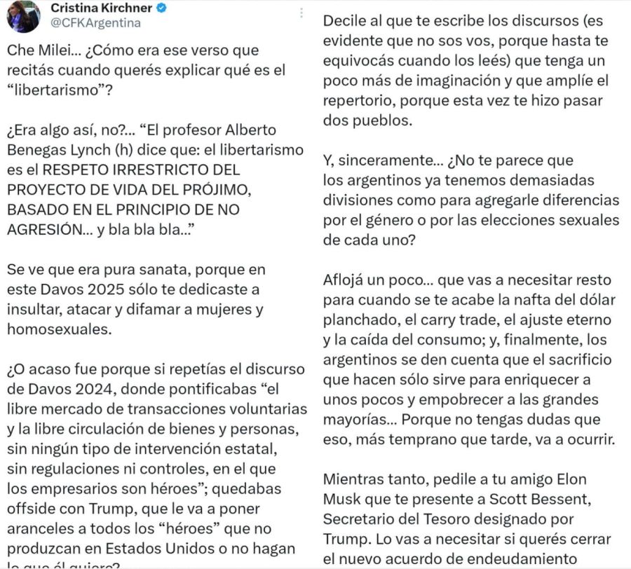 El mensaje de Cristina Kirchner contra Javier Milei 20250130