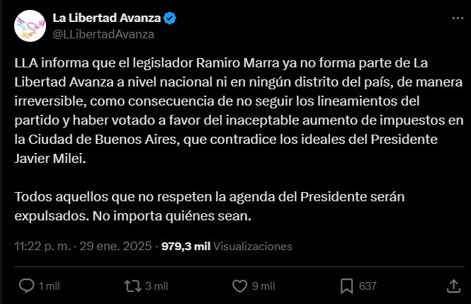 Expulsaron a Ramiro Marra de La Libertad Avanza 20250129