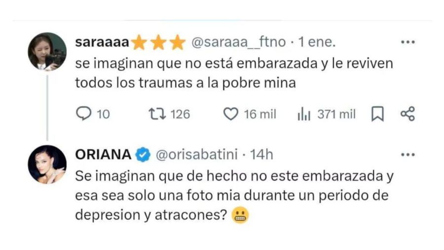 Oriana Sabatini sobre los rumores de embarazo en Twitter