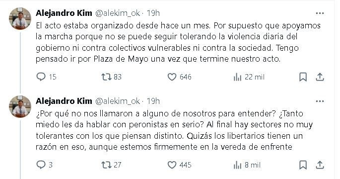 Tuit Alejandro Kim sobre el acto de Guillermo Moreno en Parque Lezama